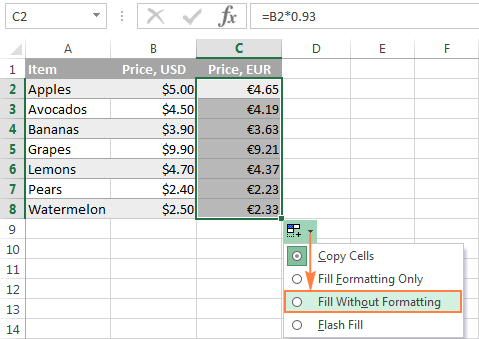excel for mac 2016 default fill without formatting